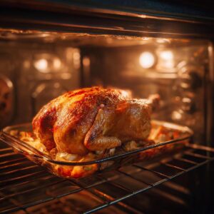 A golden brown, juicy oven baked chicken is roasting in a glass pan inside a hot oven.