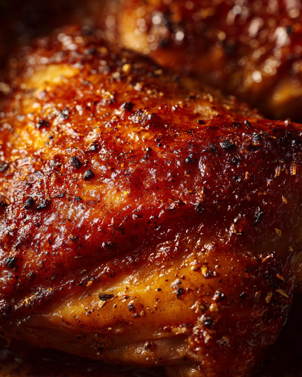 Close-up of a perfectly seasoned and juicy oven baked chicken thigh with crispy skin.