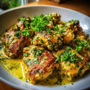 A close-up of a bowl filled with tender Keto Garlic Parmesan Chicken pieces coated in a rich, creamy sauce and garnished with fresh parsley.