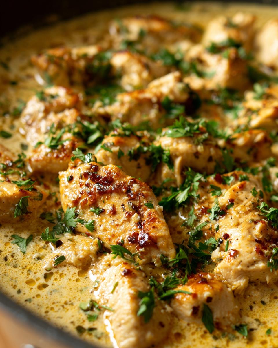 Close-up of tender Keto Garlic Parmesan Chicken pieces coated in a rich, creamy garlic and parmesan sauce, garnished with fresh parsley.