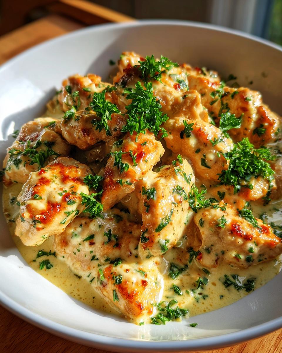 A close-up of Keto Garlic Parmesan Chicken pieces in a creamy, cheesy sauce, garnished with fresh parsley.