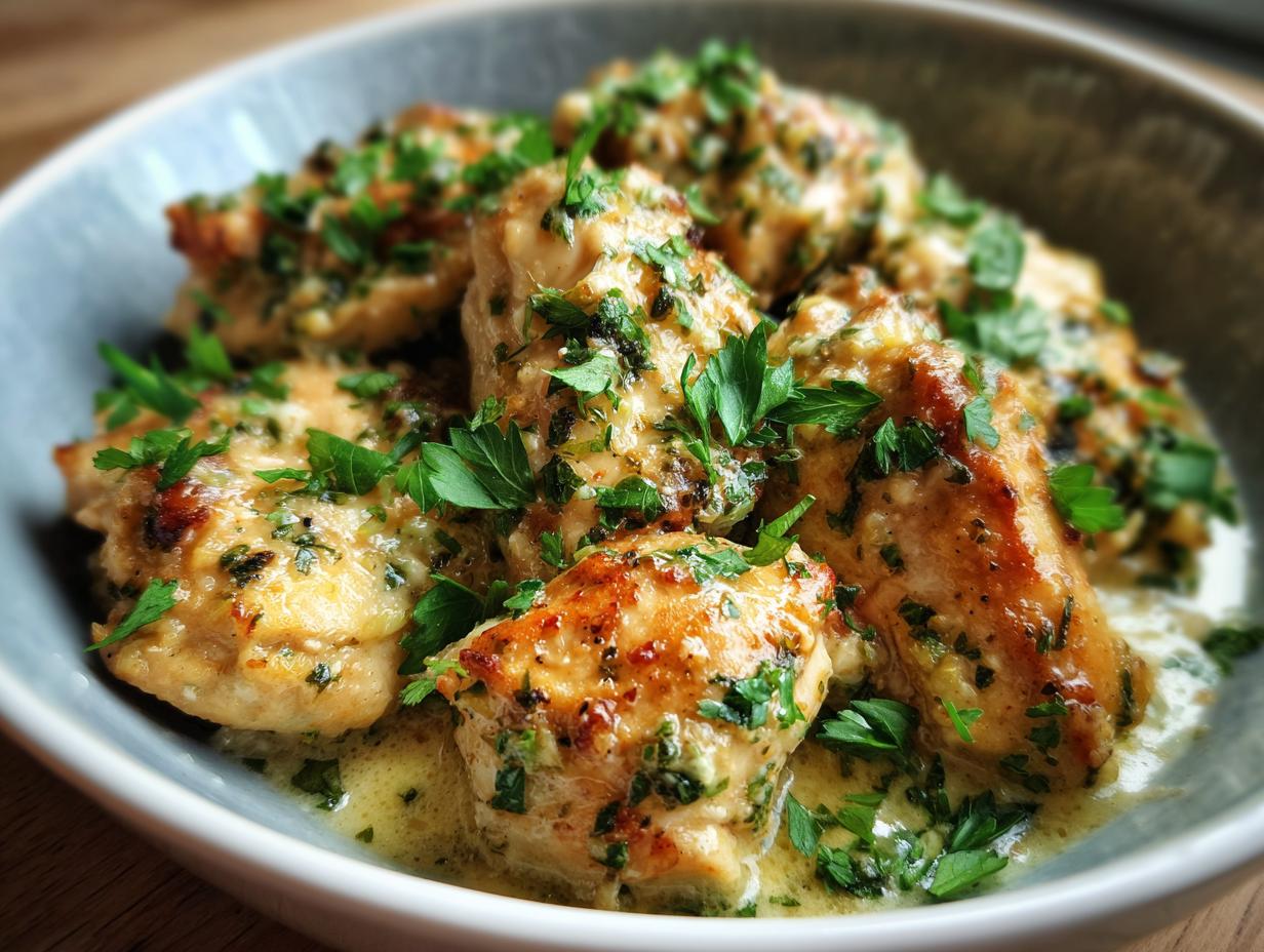 Close-up of Keto Garlic Parmesan Chicken pieces in a creamy sauce, garnished with fresh parsley.