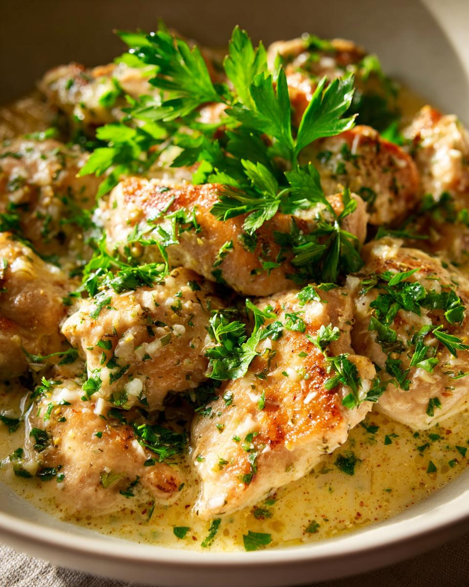 Close-up of tender Keto Garlic Parmesan Chicken pieces in a creamy sauce, garnished with fresh parsley.
