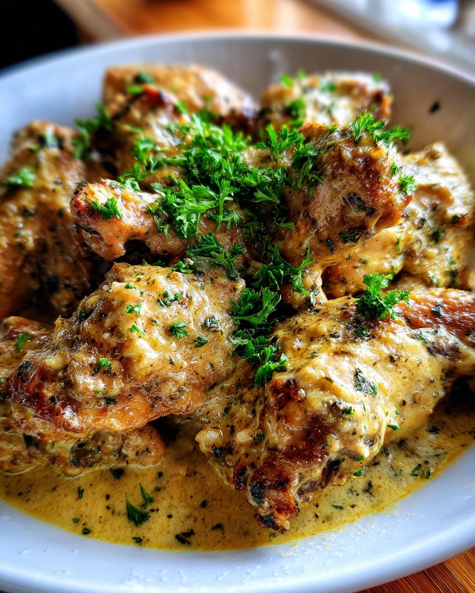 Close-up of juicy Keto Garlic Parmesan Chicken wings covered in creamy sauce and fresh parsley.