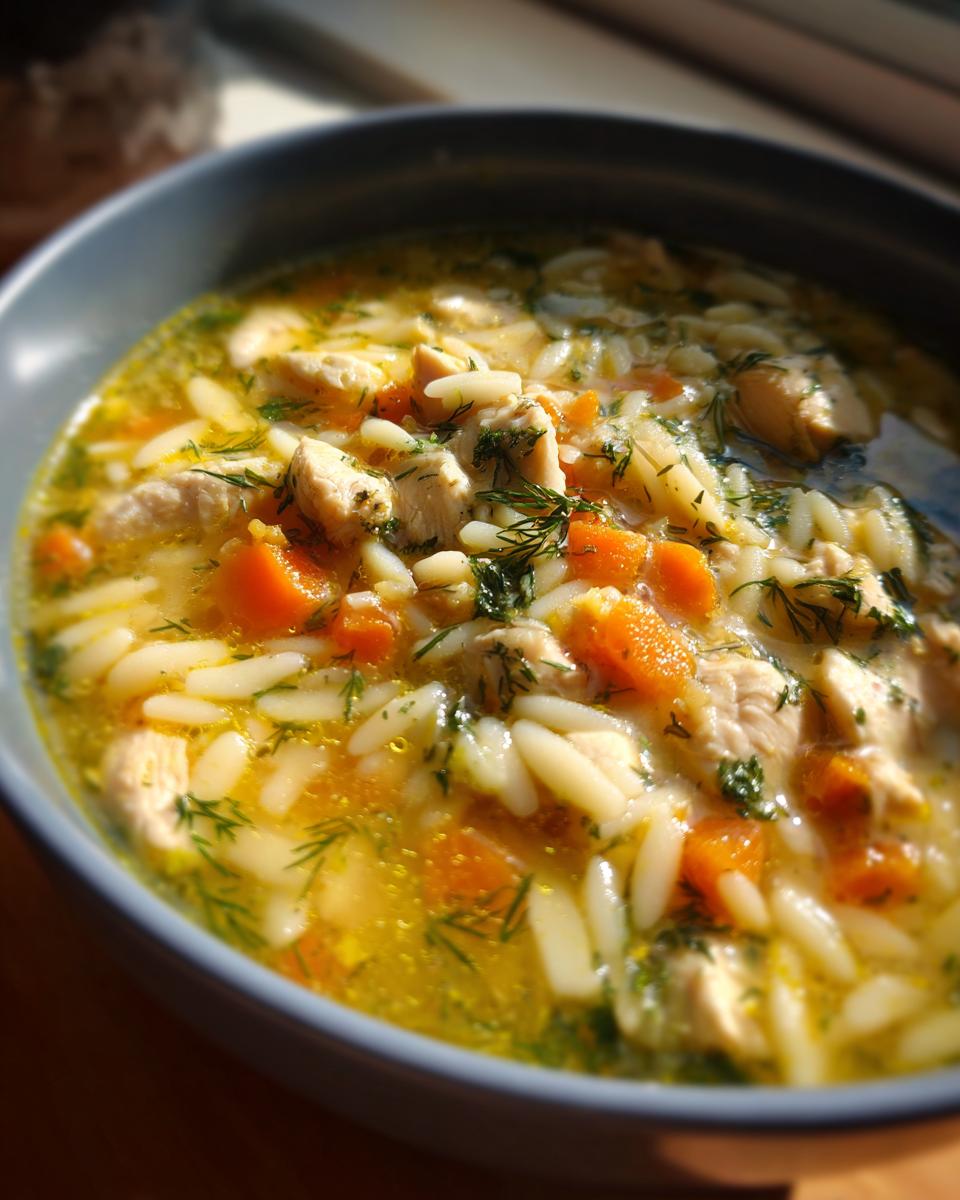 A close-up shot of a bowl of Lemon Chicken Orzo Soup, featuring tender chicken pieces, orzo pasta, and diced carrots, garnished with fresh dill.