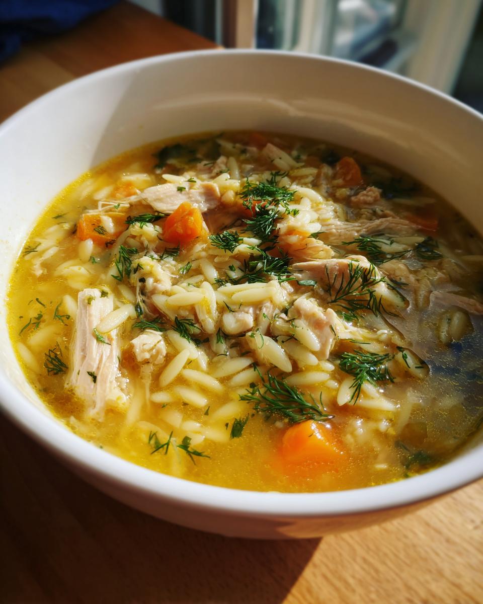 A close-up of a bowl of lemon chicken orzo soup, featuring shredded chicken, orzo pasta, and diced carrots, garnished with fresh dill.