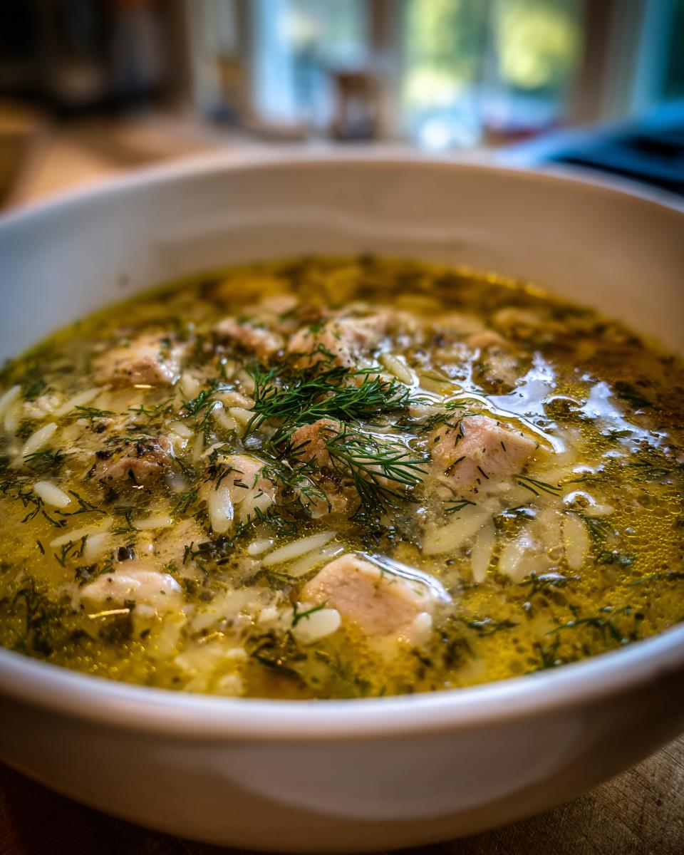 Close-up of a bowl of bright Lemon Chicken Orzo Soup, featuring tender chicken pieces, orzo pasta, and fresh dill.