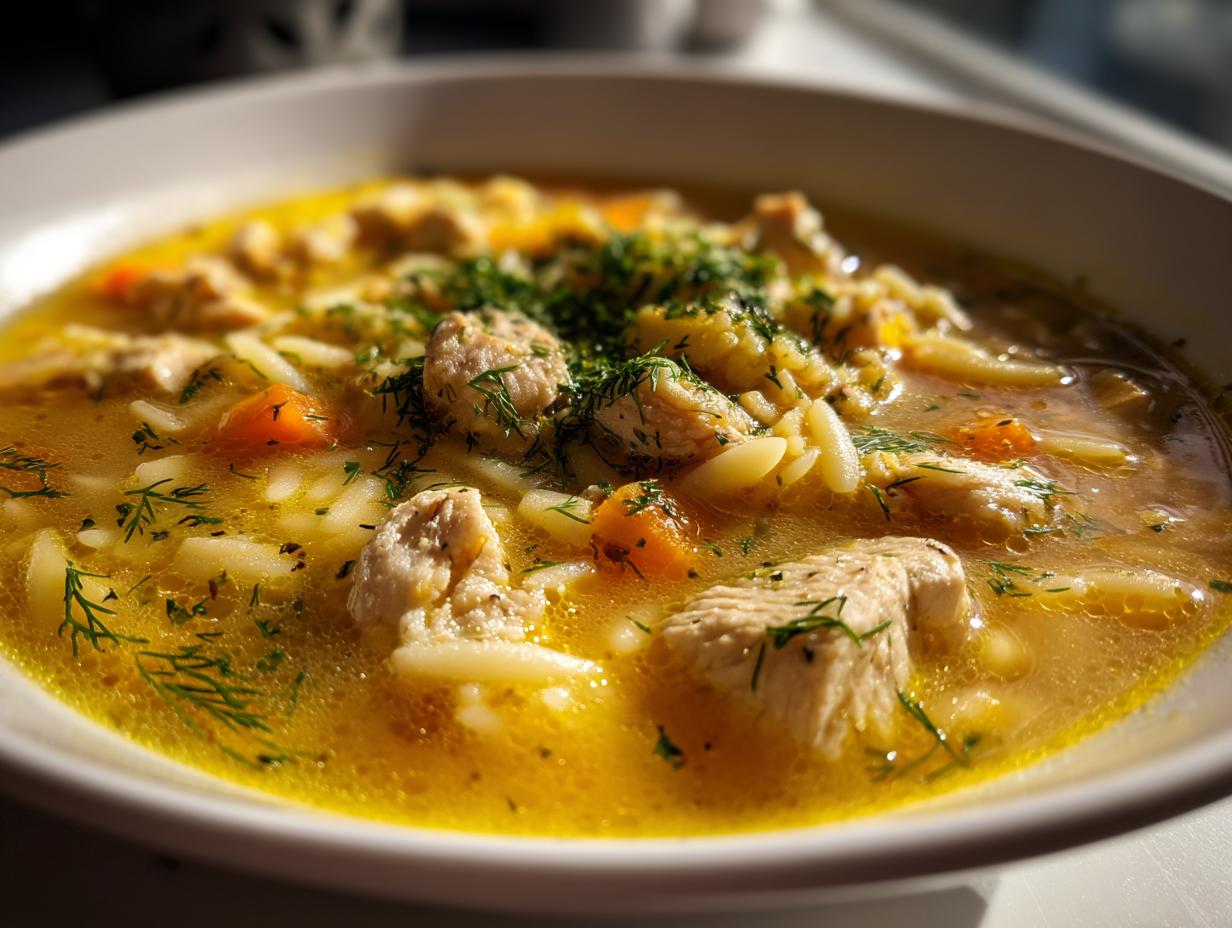 A close-up of a bowl of bright Lemon Chicken Orzo Soup, featuring tender chicken pieces, orzo pasta, carrots, and fresh dill garnish.