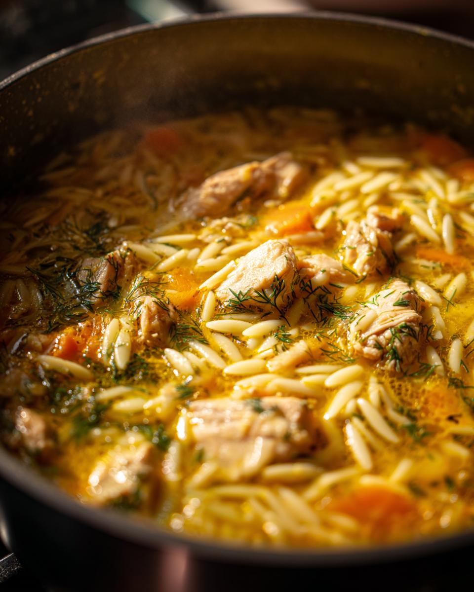 Close-up of simmering Lemon Chicken Orzo Soup in a pot, with tender chicken pieces, orzo pasta, carrots, and fresh dill.