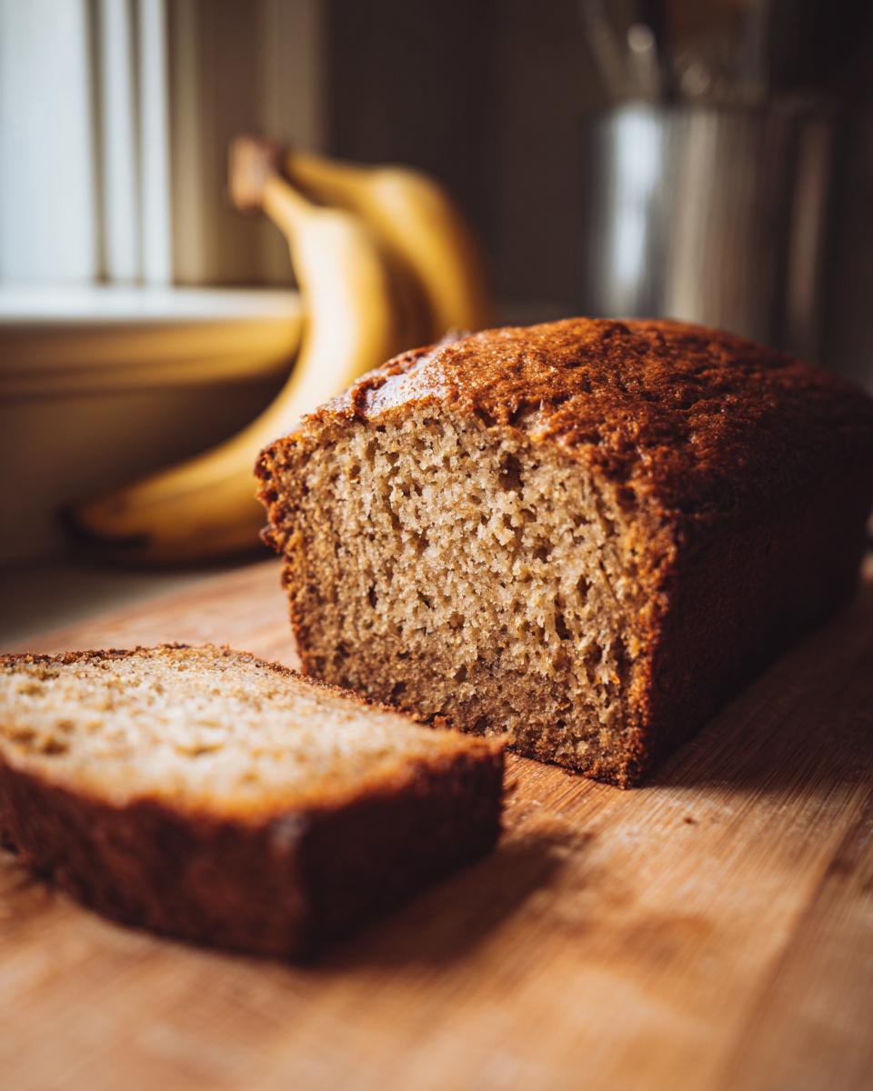 A close-up of a moist banana bread loaf with one slice cut, on a wooden cutting board. Ripe bananas are blurred in the background.