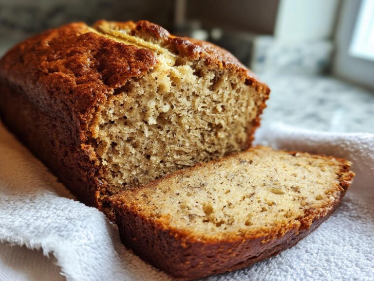A close-up shot of a moist banana bread loaf with one slice cut, resting on a white towel.