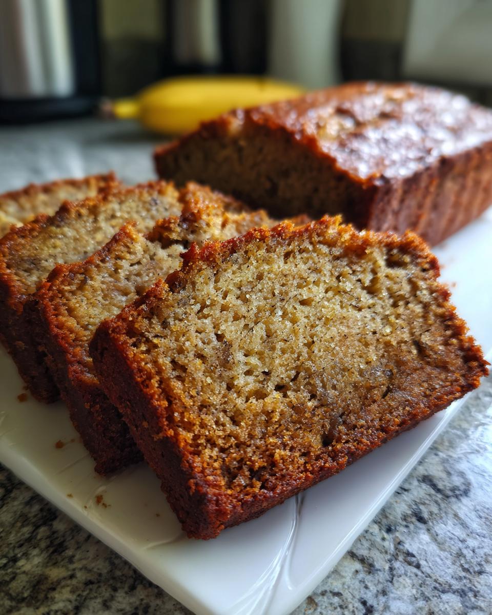 Close-up of moist banana bread slices on a white plate, with a whole loaf and a banana in the background.