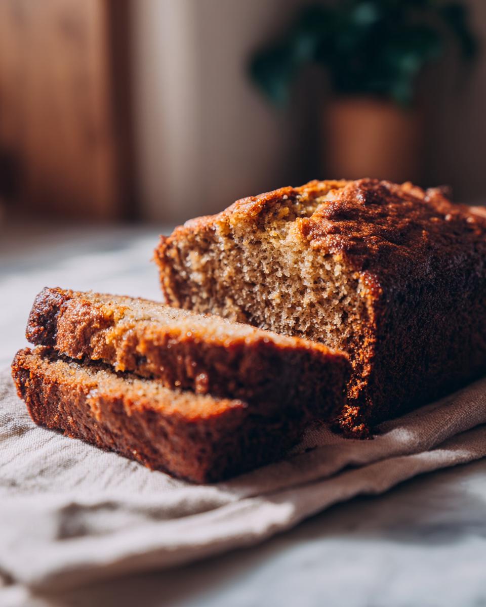 Close-up of moist banana bread with two slices cut and resting on a linen cloth.