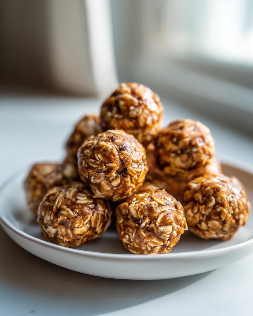 A close-up shot of a pile of no bake protein balls made with oats and a sticky binder on a white plate.