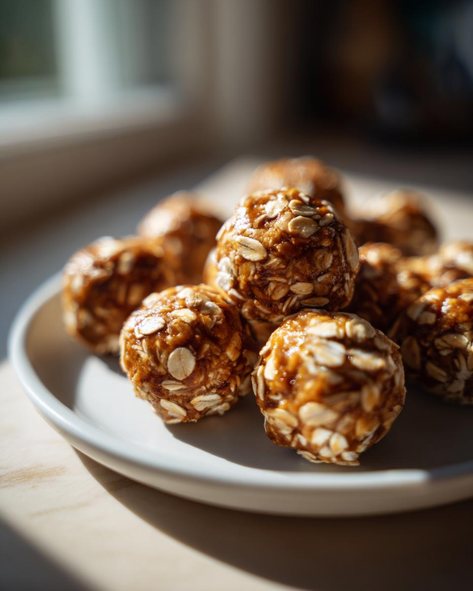 Close-up of several no bake protein balls covered in oats, piled on a white plate.