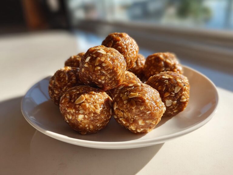 A pile of round no bake protein balls made with oats and a sticky binder, on a white plate.