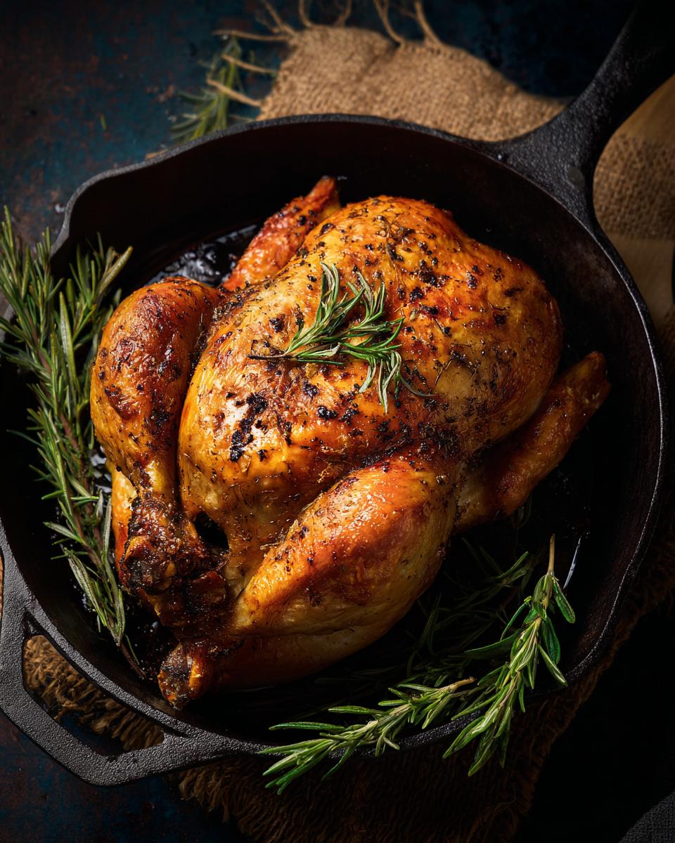 A perfectly roasted whole oven baked chicken in a cast iron skillet, garnished with fresh rosemary.