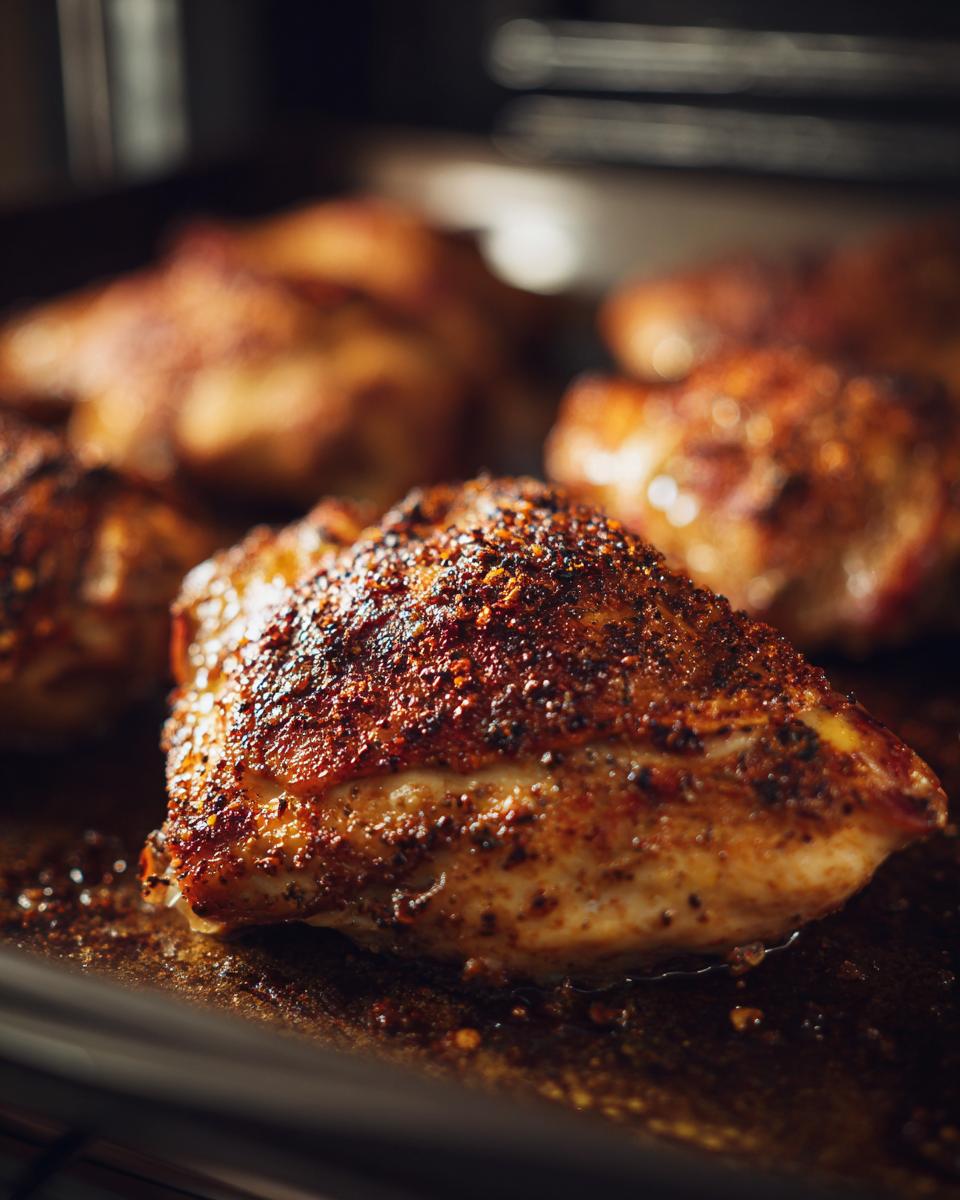 Close-up of perfectly seasoned oven baked chicken pieces on a baking sheet, golden brown and ready to serve.