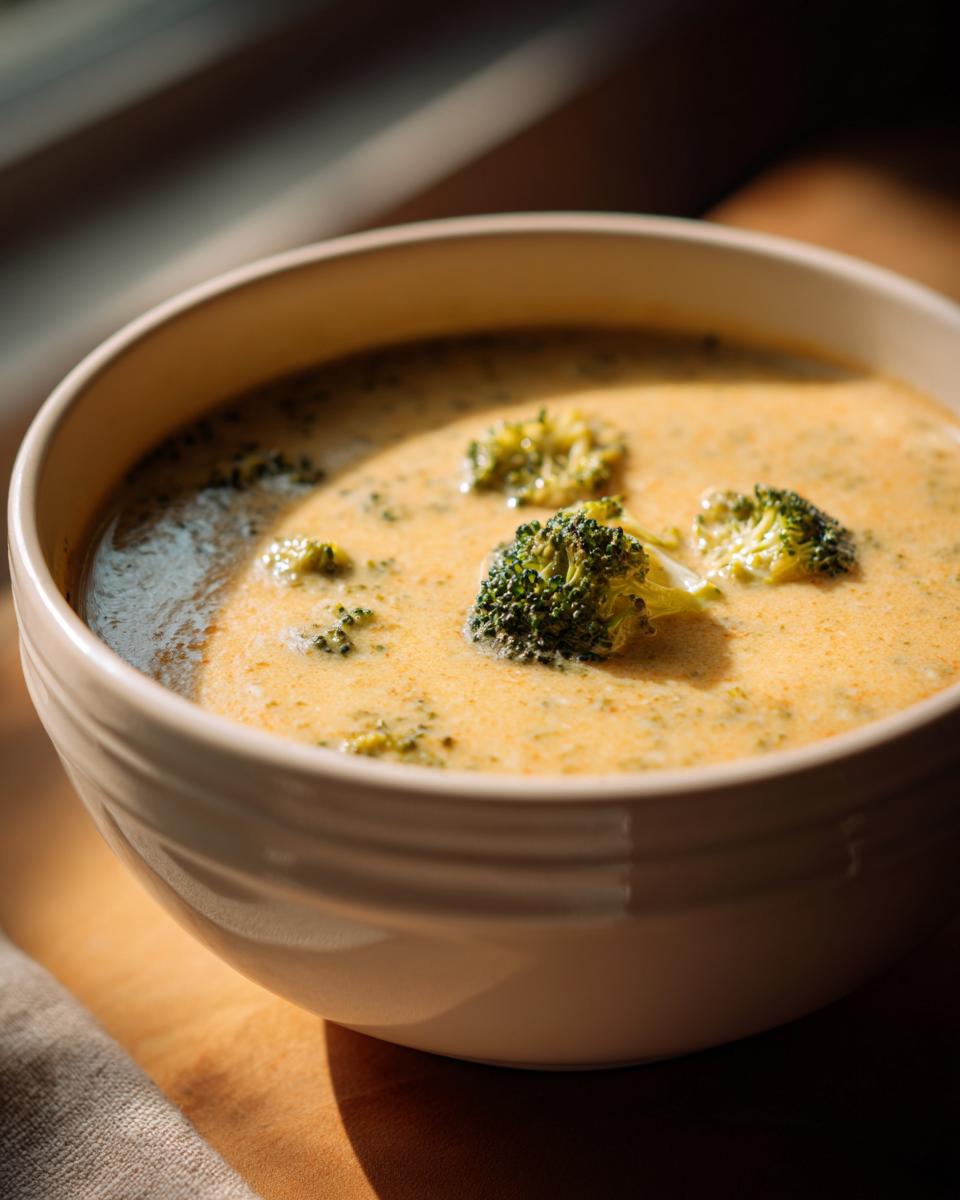 A close-up of creamy Panera broccoli cheddar soup in a bowl, topped with fresh broccoli florets.