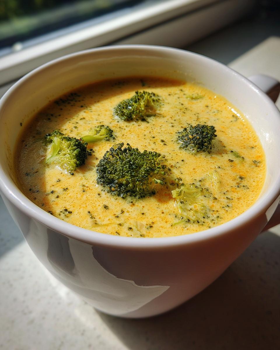 Close-up of a steaming bowl of Panera broccoli cheddar soup, topped with fresh broccoli florets.