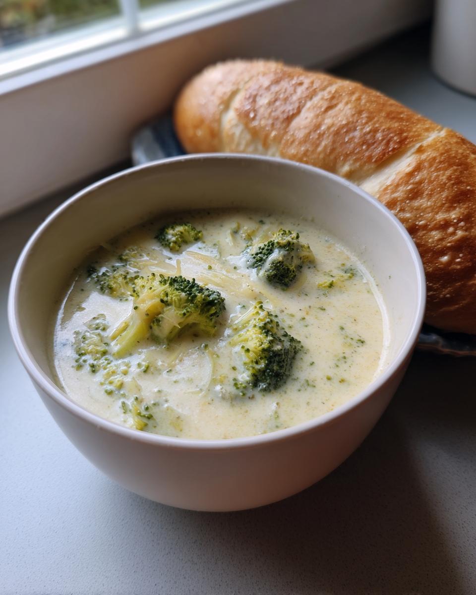 A close-up of creamy Panera broccoli cheddar soup with large broccoli florets in a white bowl, served with a crusty bread roll.