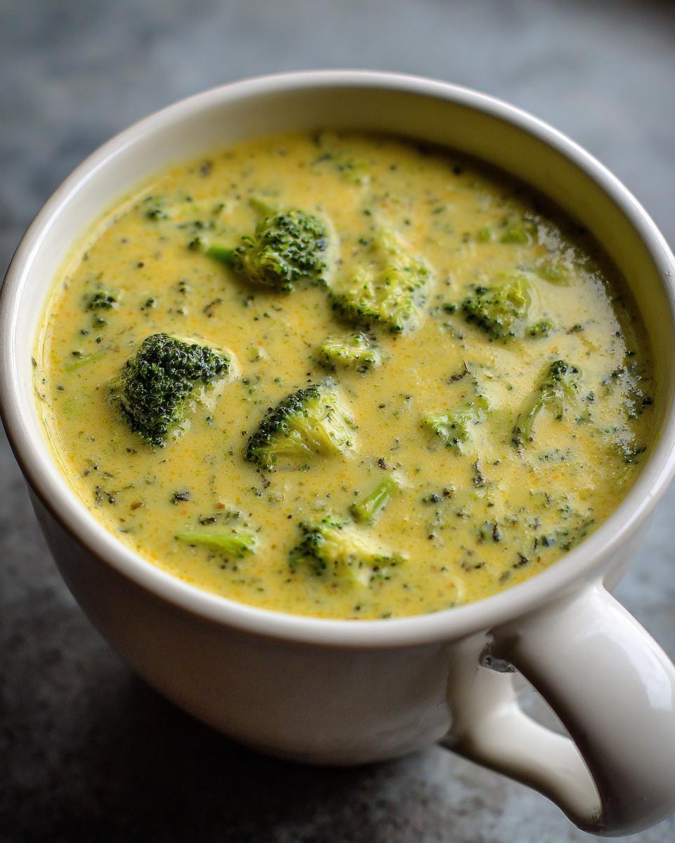Close-up of creamy Panera broccoli cheddar soup with florets in a white mug.