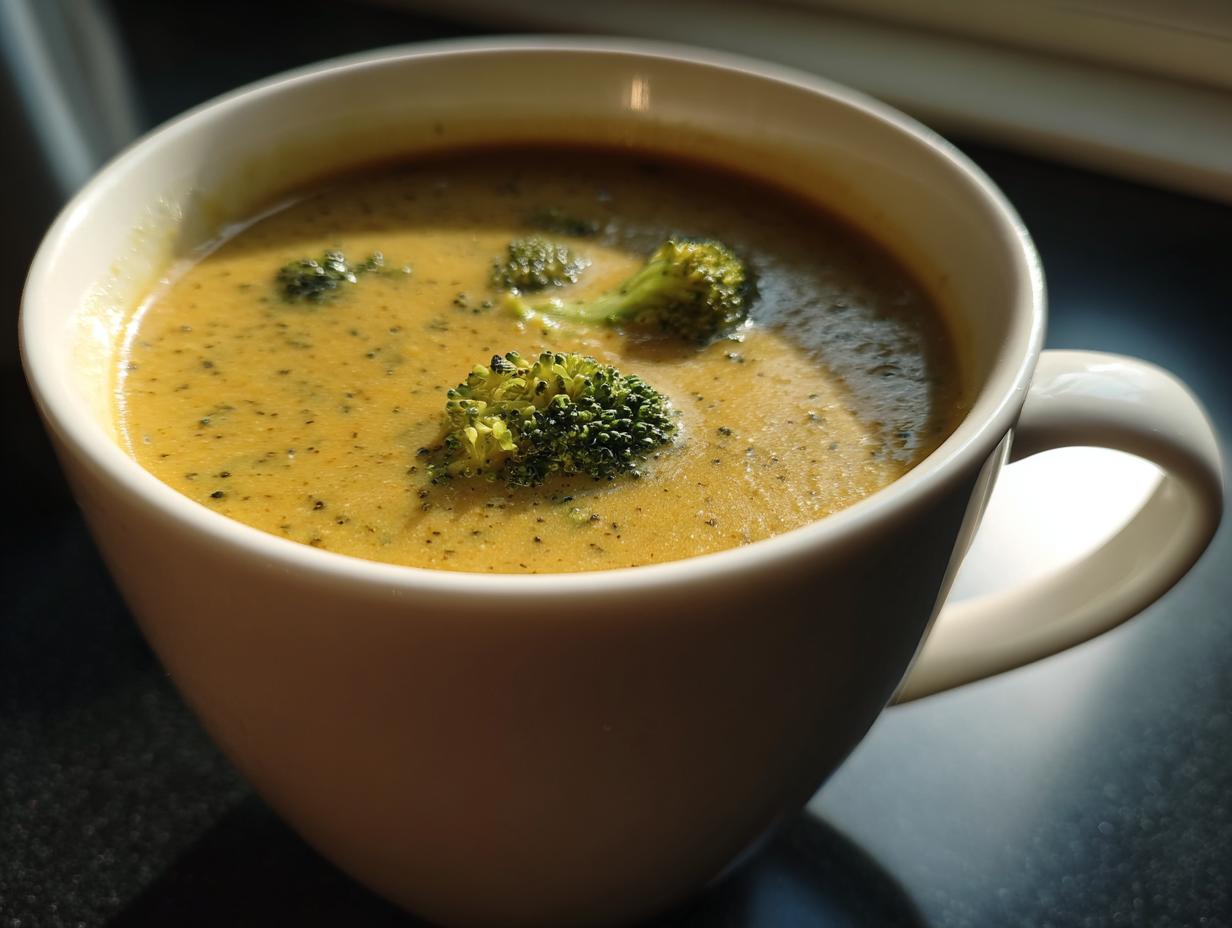 A close-up of creamy Panera Broccoli Cheddar Soup in a white mug, garnished with fresh broccoli florets.