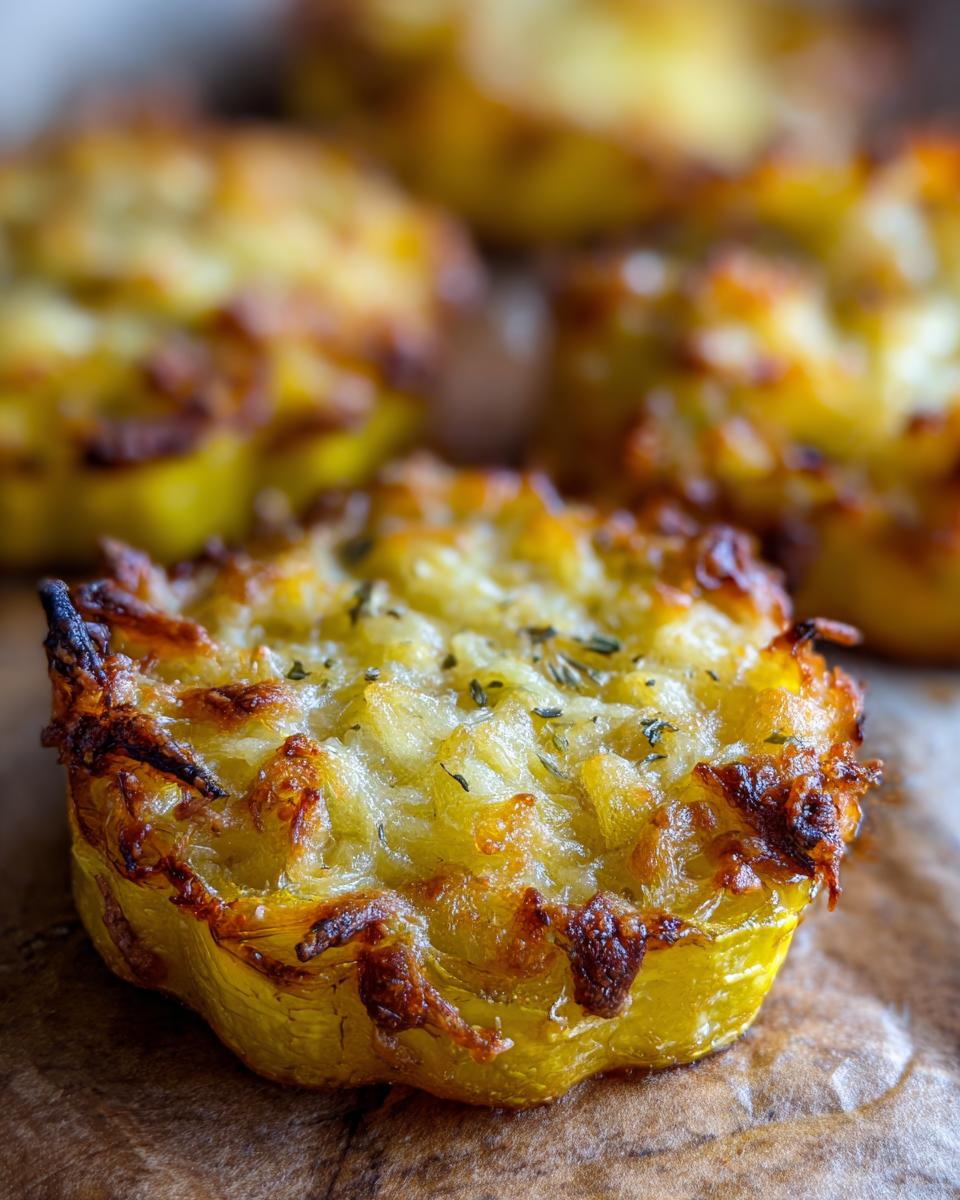 Close-up of a golden-brown Parmesan baked yellow squash bite, topped with herbs.