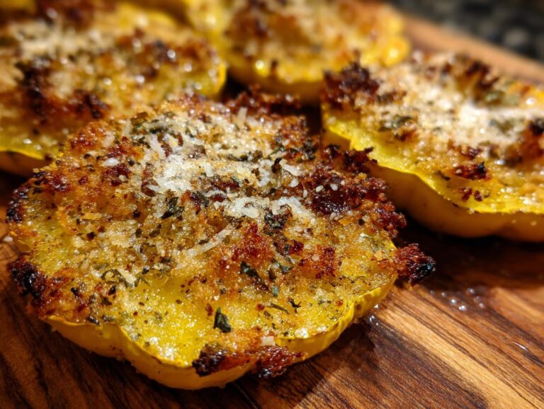 Close-up of golden brown Parmesan baked yellow squash halves topped with herbs and cheese.