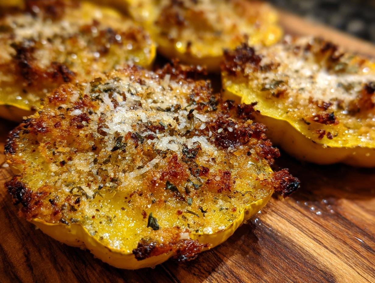 Close-up of golden brown Parmesan baked yellow squash halves topped with herbs and cheese.