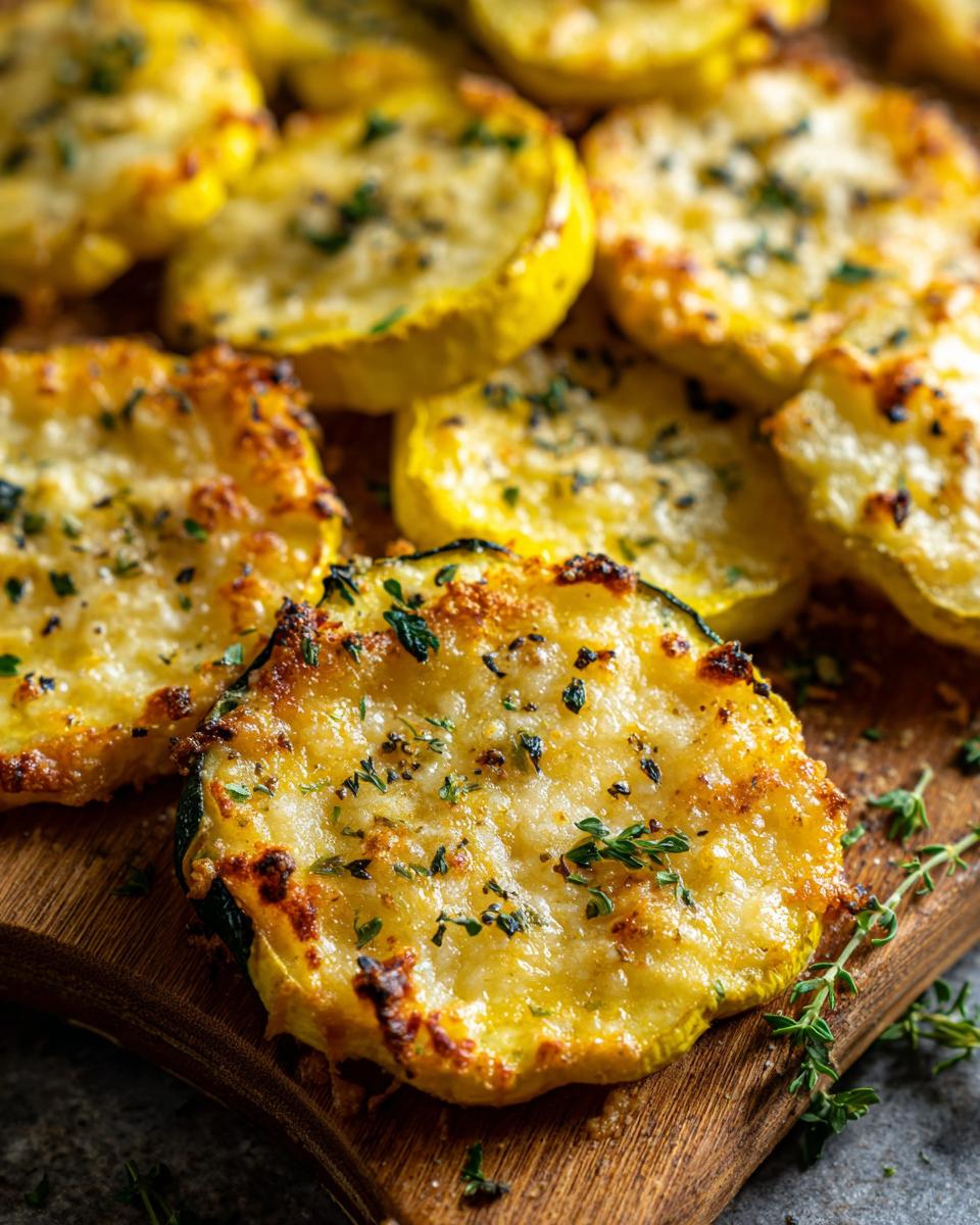 Close-up of golden brown Parmesan baked yellow squash slices topped with herbs on a wooden board.