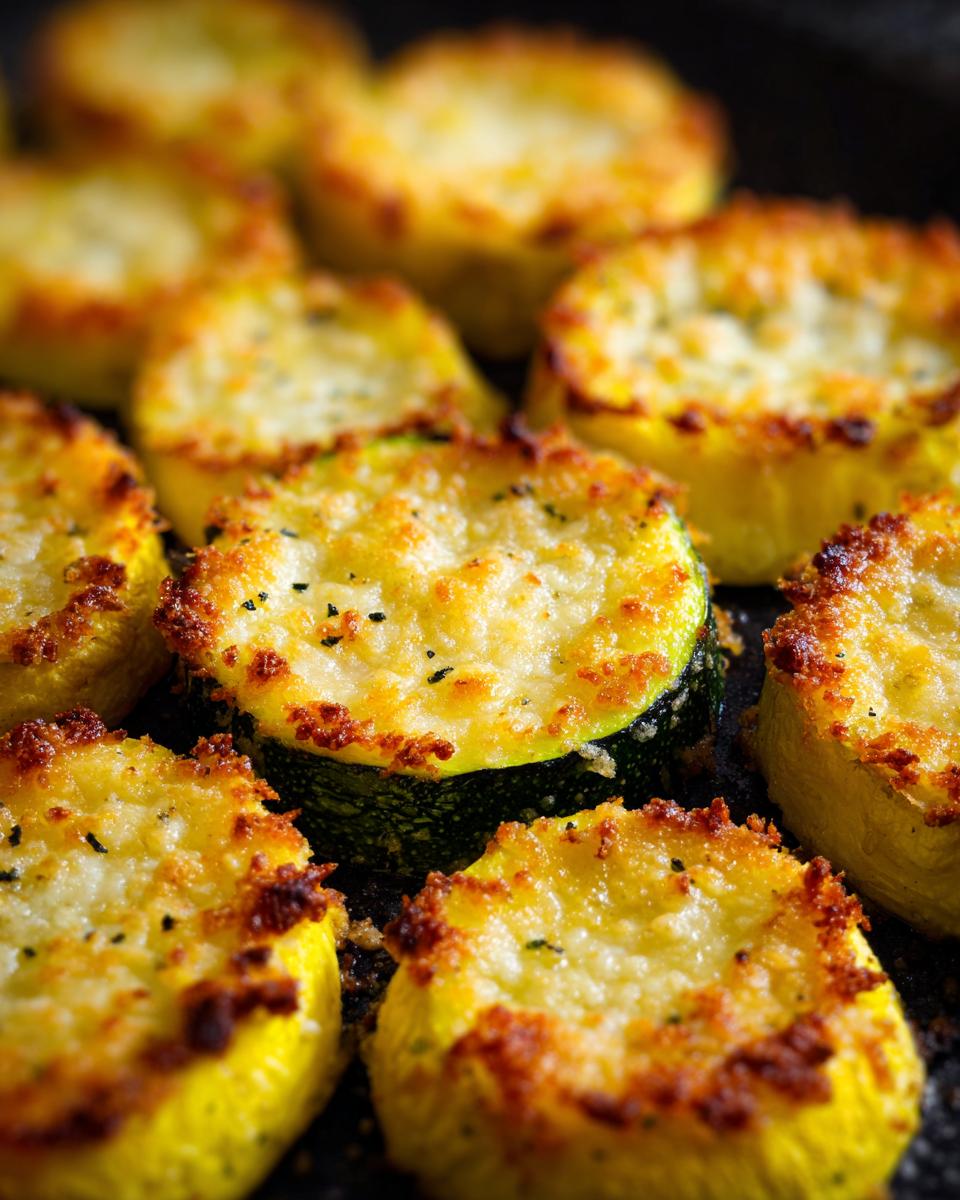 Close-up of golden brown Parmesan baked yellow squash slices, topped with melted cheese and herbs.