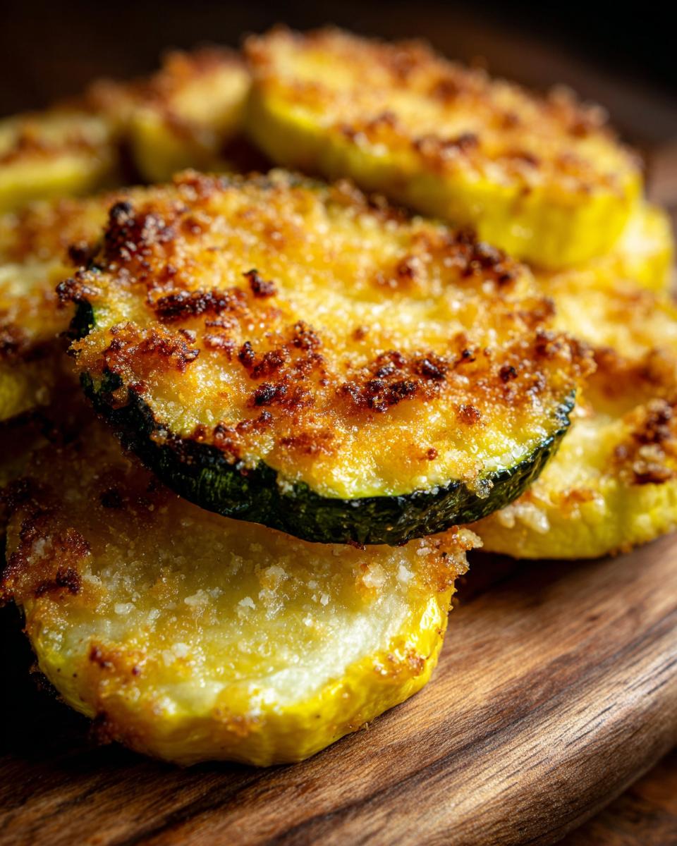 Close-up of golden brown Parmesan baked yellow squash slices, showcasing a crispy breadcrumb topping.