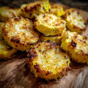 Close-up of golden brown Parmesan baked yellow squash slices on a wooden board, showing crispy edges.