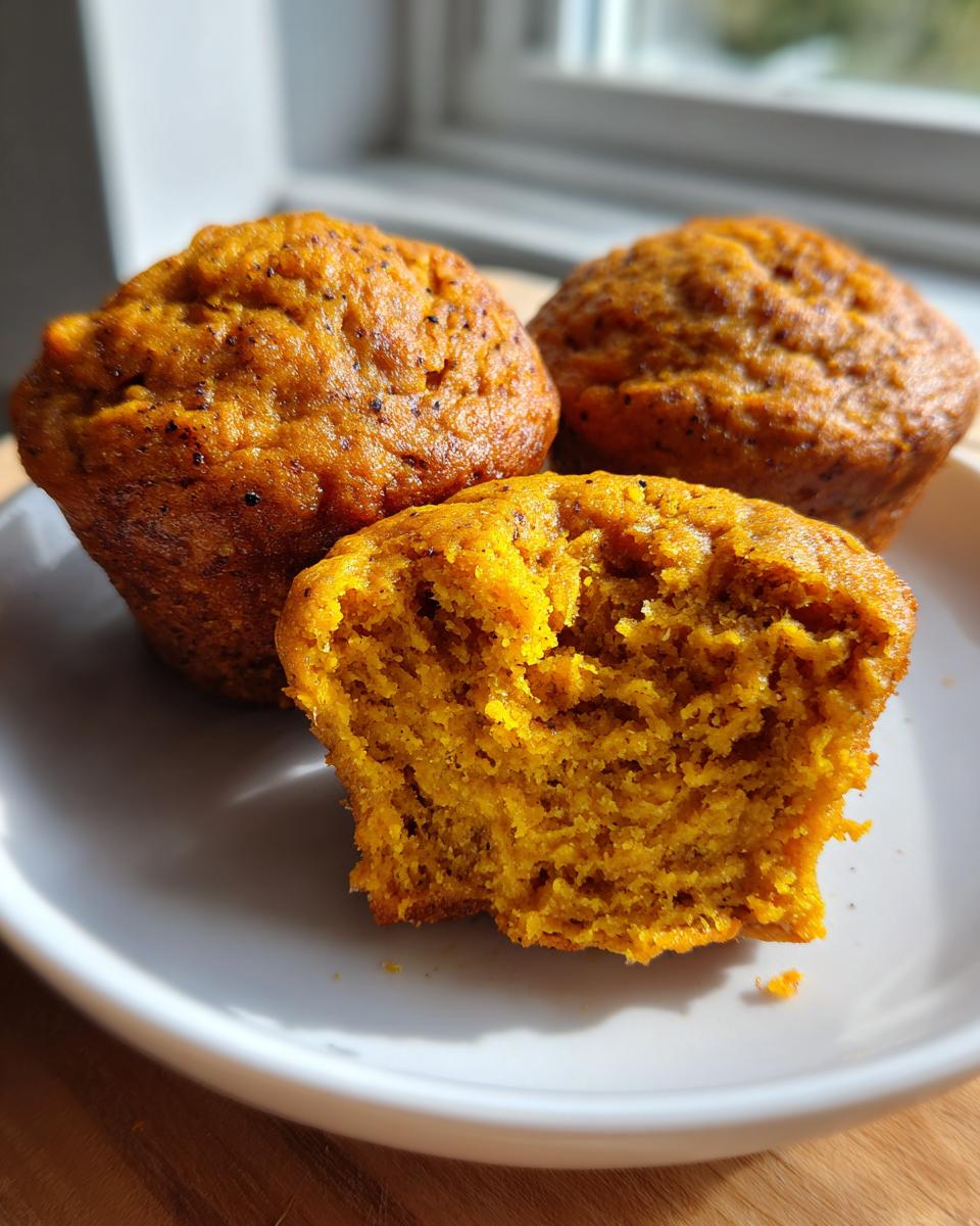 A close-up of a delicious pumpkin protein muffin with one bitten off, revealing its moist interior.