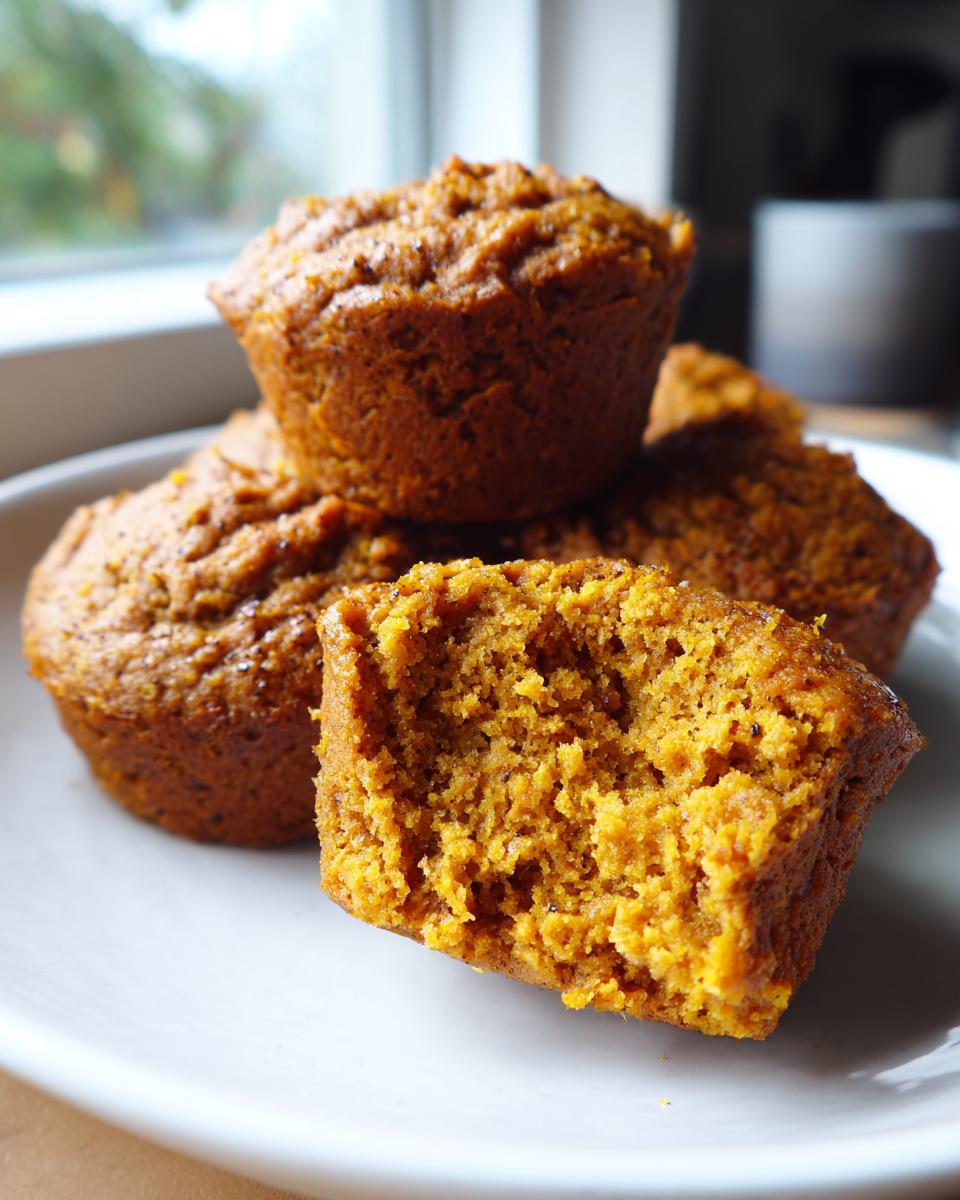 Close-up of a delicious pumpkin protein muffin, with one muffin broken in half to show its moist interior.