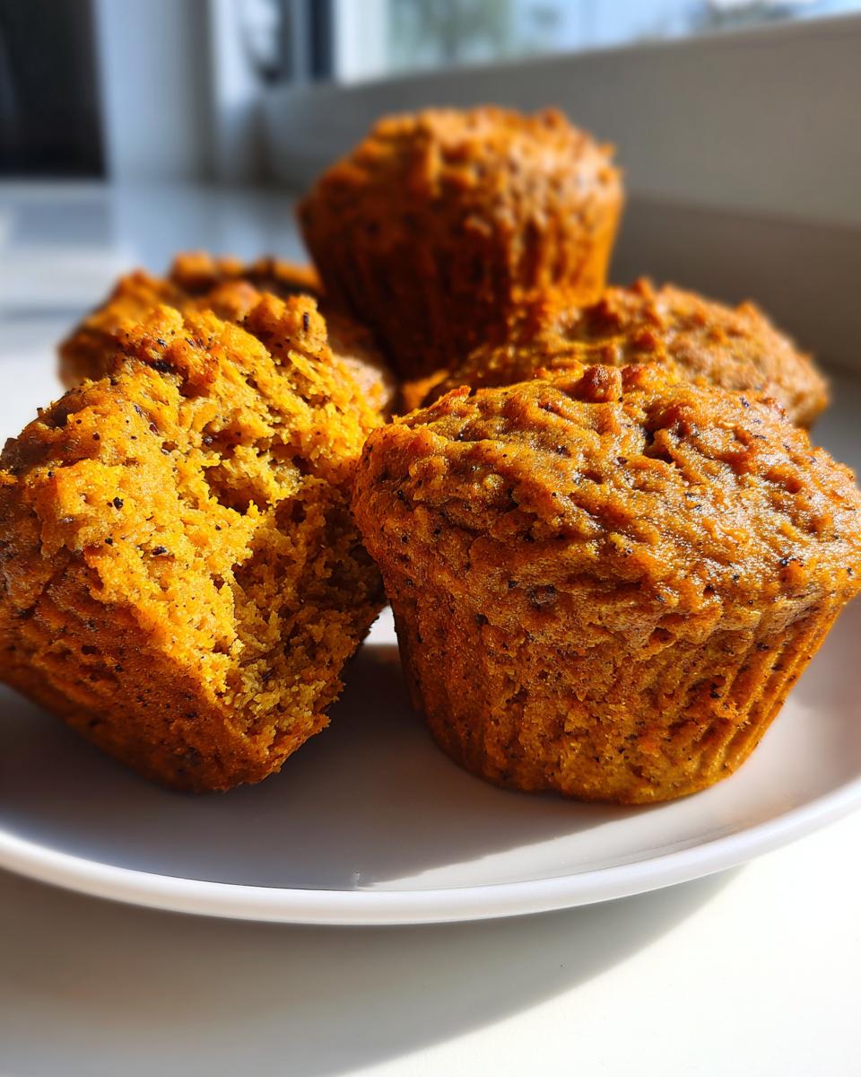 A close-up of several moist pumpkin protein muffins on a white plate, one muffin broken in half.