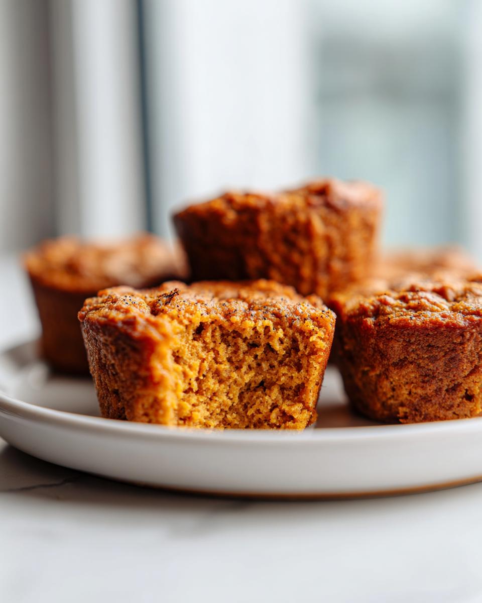 Close-up of a plate of delicious pumpkin protein muffins, one with a bite taken out.