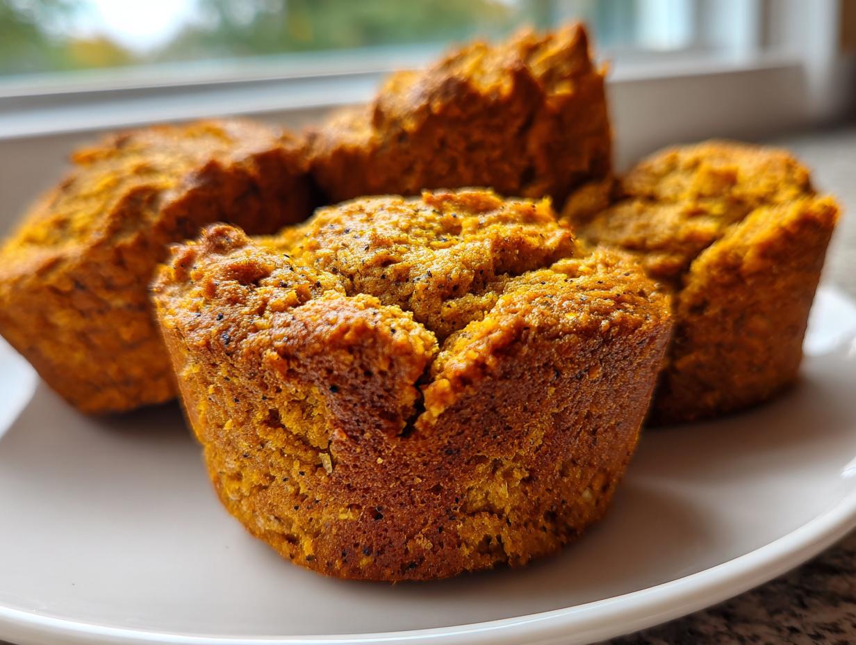 Close-up of three golden-brown pumpkin protein muffins on a white plate, with a soft focus background.