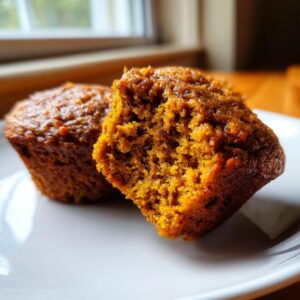 Close-up of a split pumpkin protein muffin showing its moist, fluffy interior.