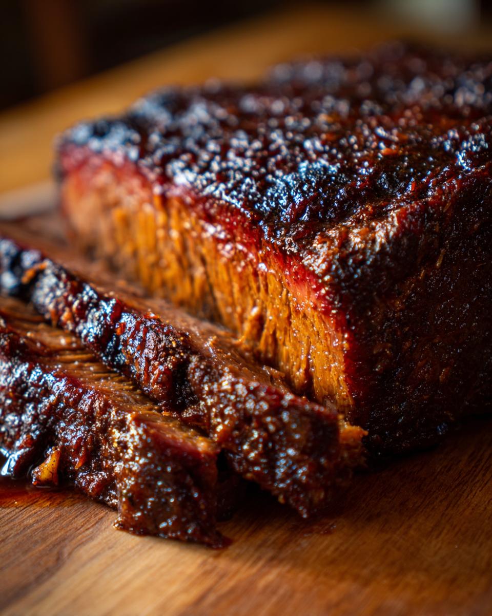 Close-up of sliced slow cooker BBQ pulled pork brisket with a glossy, dark glaze on a wooden board.