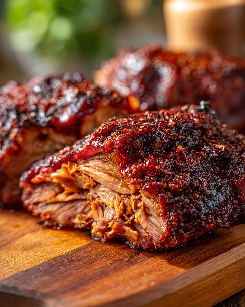 A close-up shot of tender, slow cooker BBQ pulled pork with a glistening, caramelized crust on a wooden cutting board.
