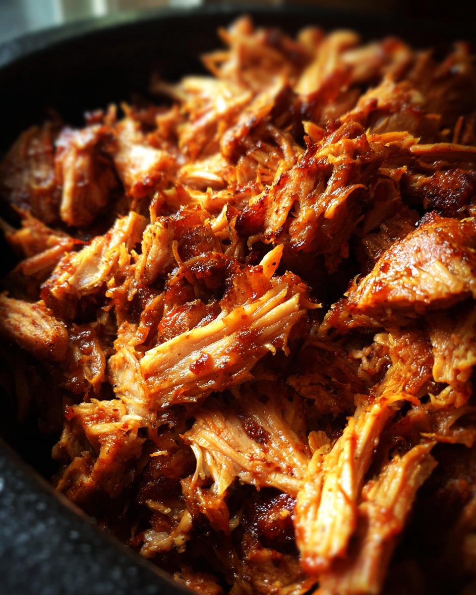 Close-up of tender, shredded slow cooker BBQ pulled pork coated in a rich sauce.
