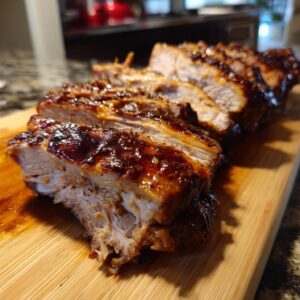 Close-up of tender slow cooker BBQ pulled pork ribs, glazed with a rich sauce, sliced on a wooden cutting board.