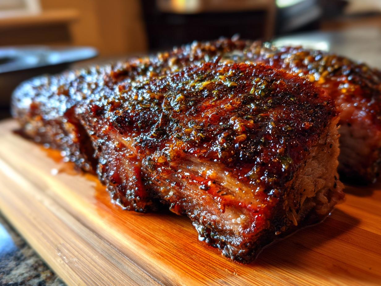 Close-up of a succulent slow cooker BBQ pulled pork roast, glistening with sauce and spices, on a wooden cutting board.