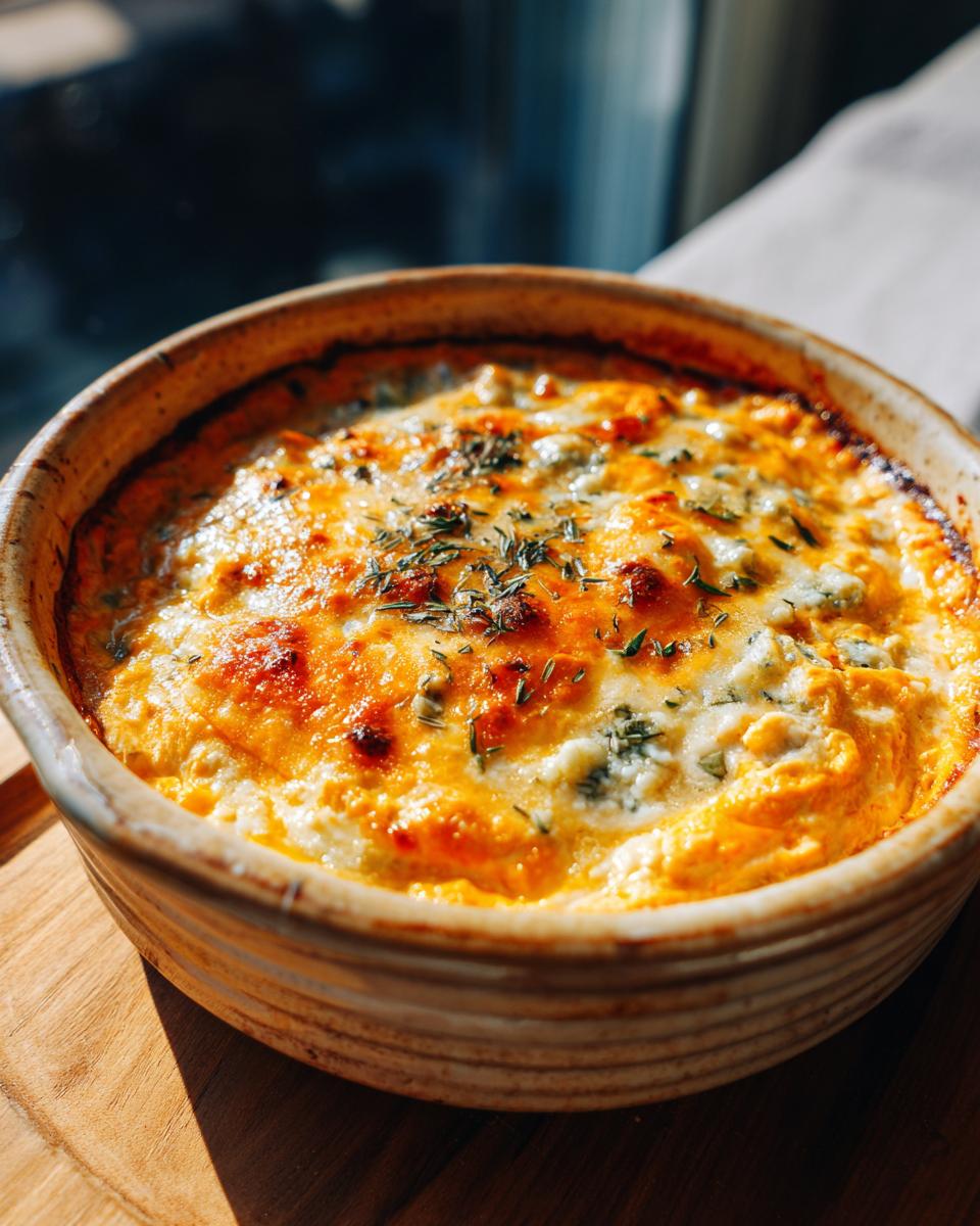 Close-up of bubbly, golden slow cooker buffalo chicken dip in a rustic ceramic dish, topped with herbs.