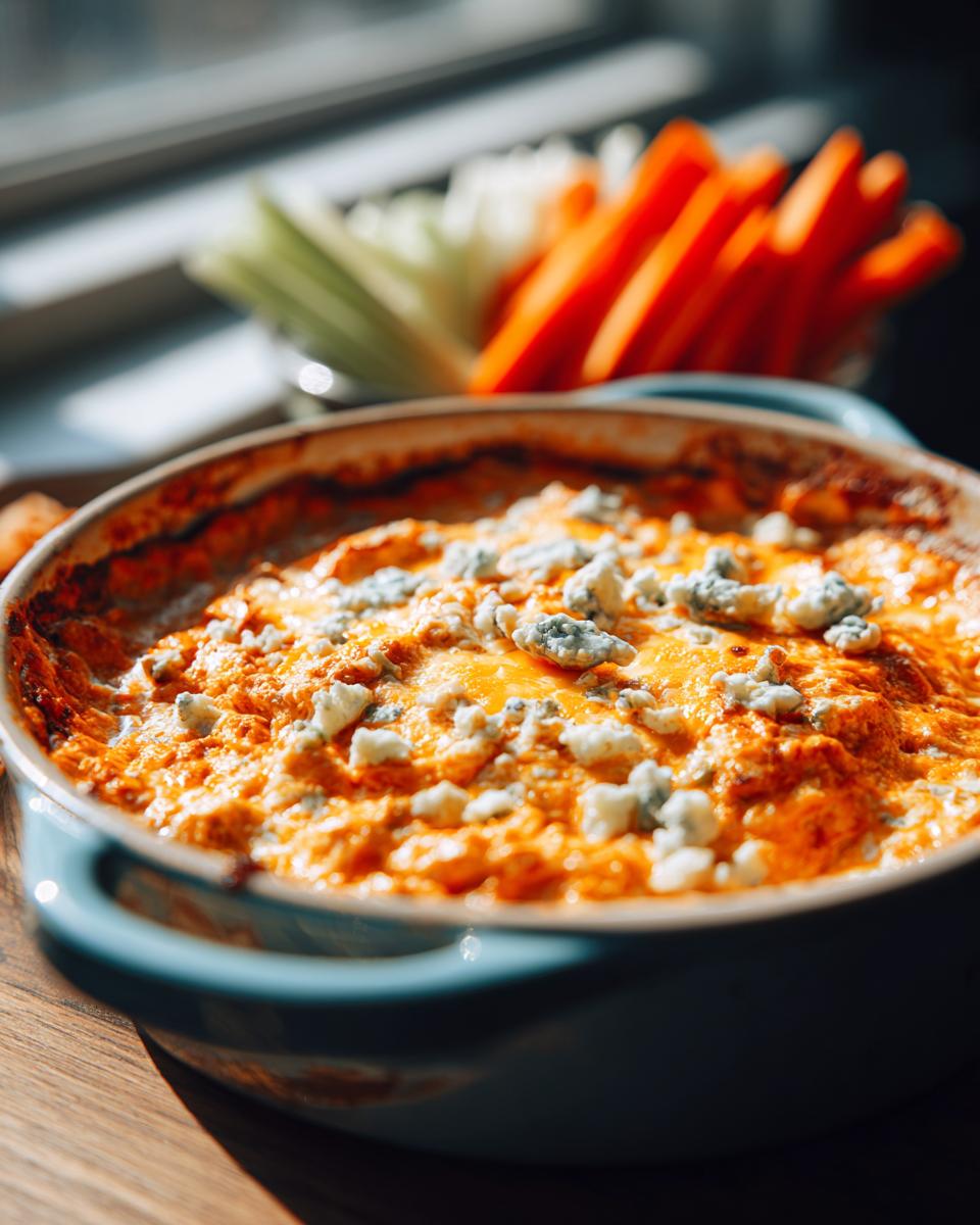 Close-up of a bubbling slow cooker buffalo chicken dip topped with blue cheese crumbles and melted cheese.