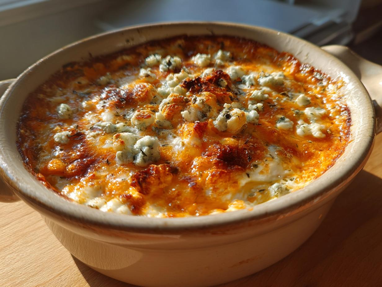 Close-up of a bubbling slow cooker buffalo chicken dip topped with melted cheese and blue cheese crumbles.