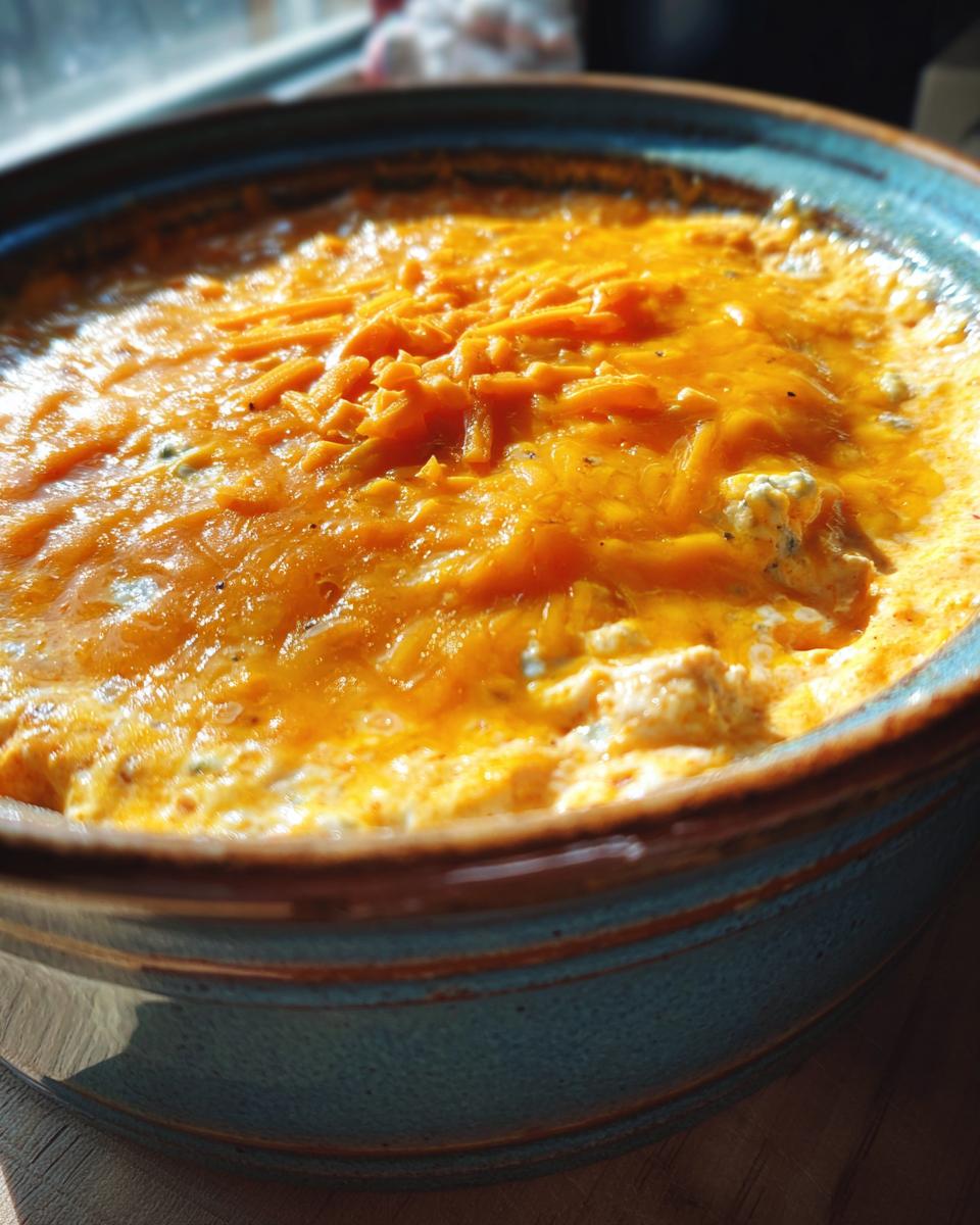 Close-up of bubbling slow cooker buffalo chicken dip topped with melted shredded cheddar cheese.