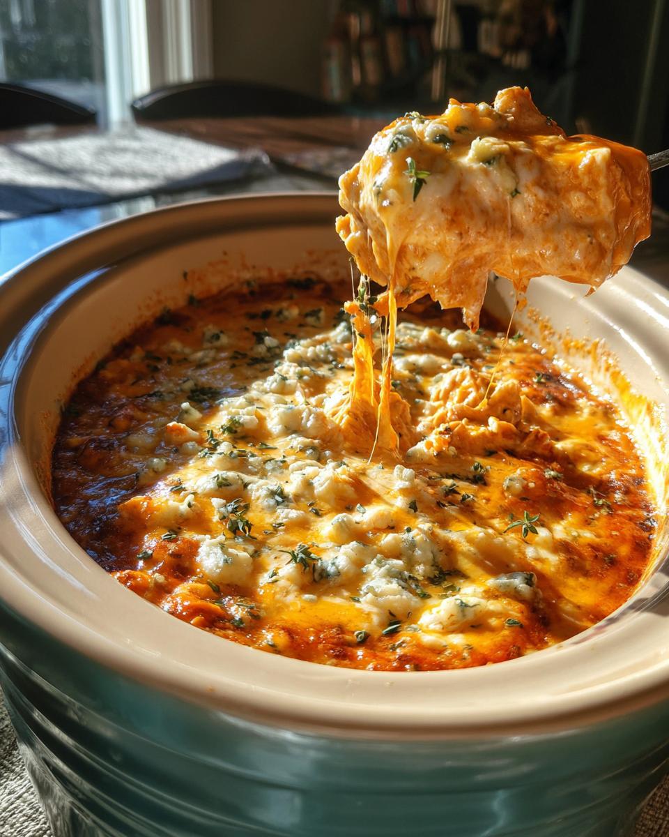 A scoop of gooey slow cooker buffalo chicken dip being lifted from a crock pot, showing melted cheese and blue cheese crumbles.